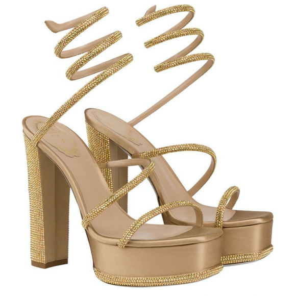 Rene Caovilla Cleo Gold Platform Crystal Wrap Strap Sandal Block Heel Pump 39.5 - Picture 3 of 12
